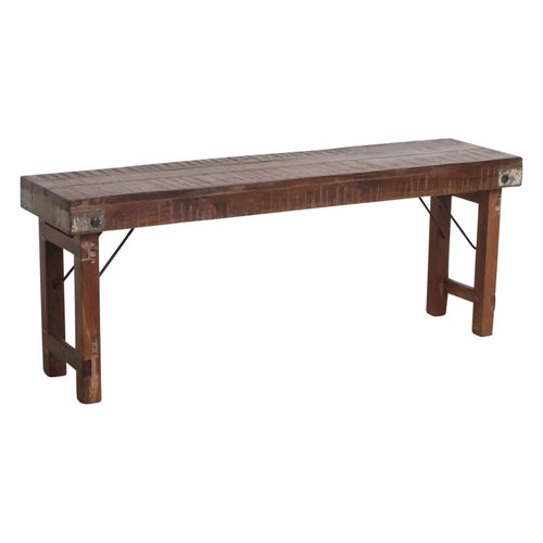 Banc pliant en bois recyclé brun avec renforts métal noir, 120x30 cm