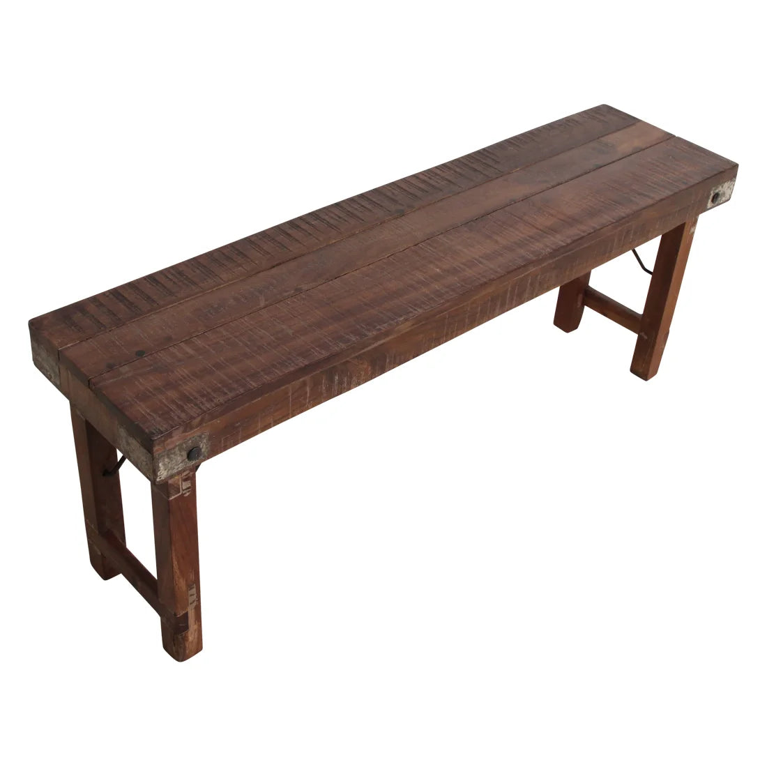 Banc pliant en bois recyclé brun avec renforts métal noir 120x30 cm