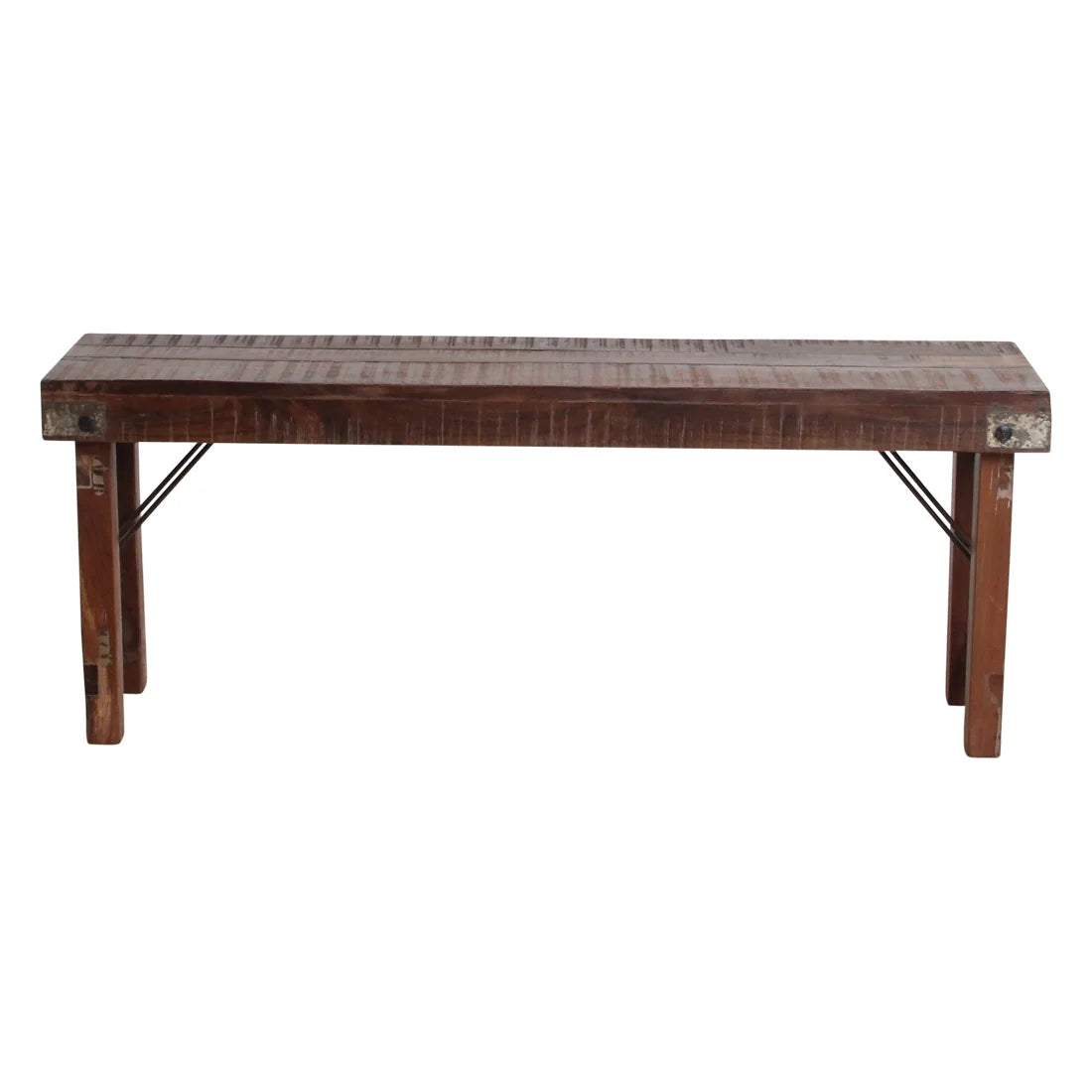 Banc pliant en bois recyclé brun 120x30 cm avec renforts métal noir