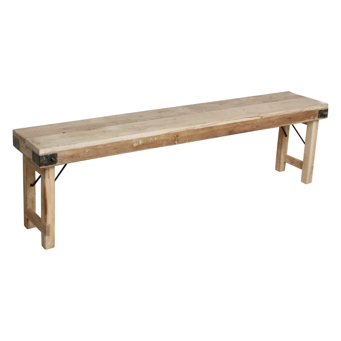 Banc pliant en bois recyclé naturel 160x30 cm avec ferrures noires