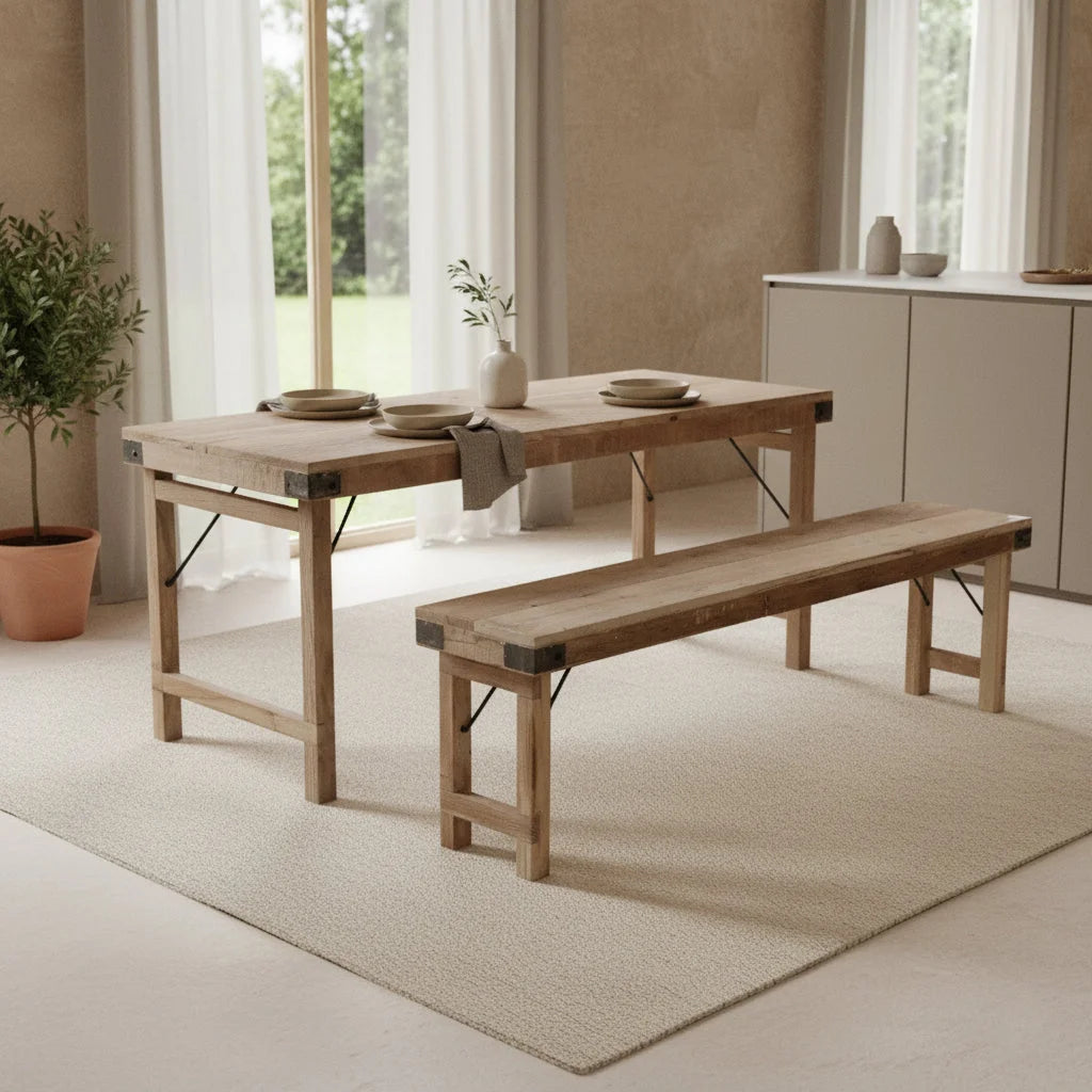 Banc pliant en bois recyclé naturel avec ferrures noires, 160x30 cm