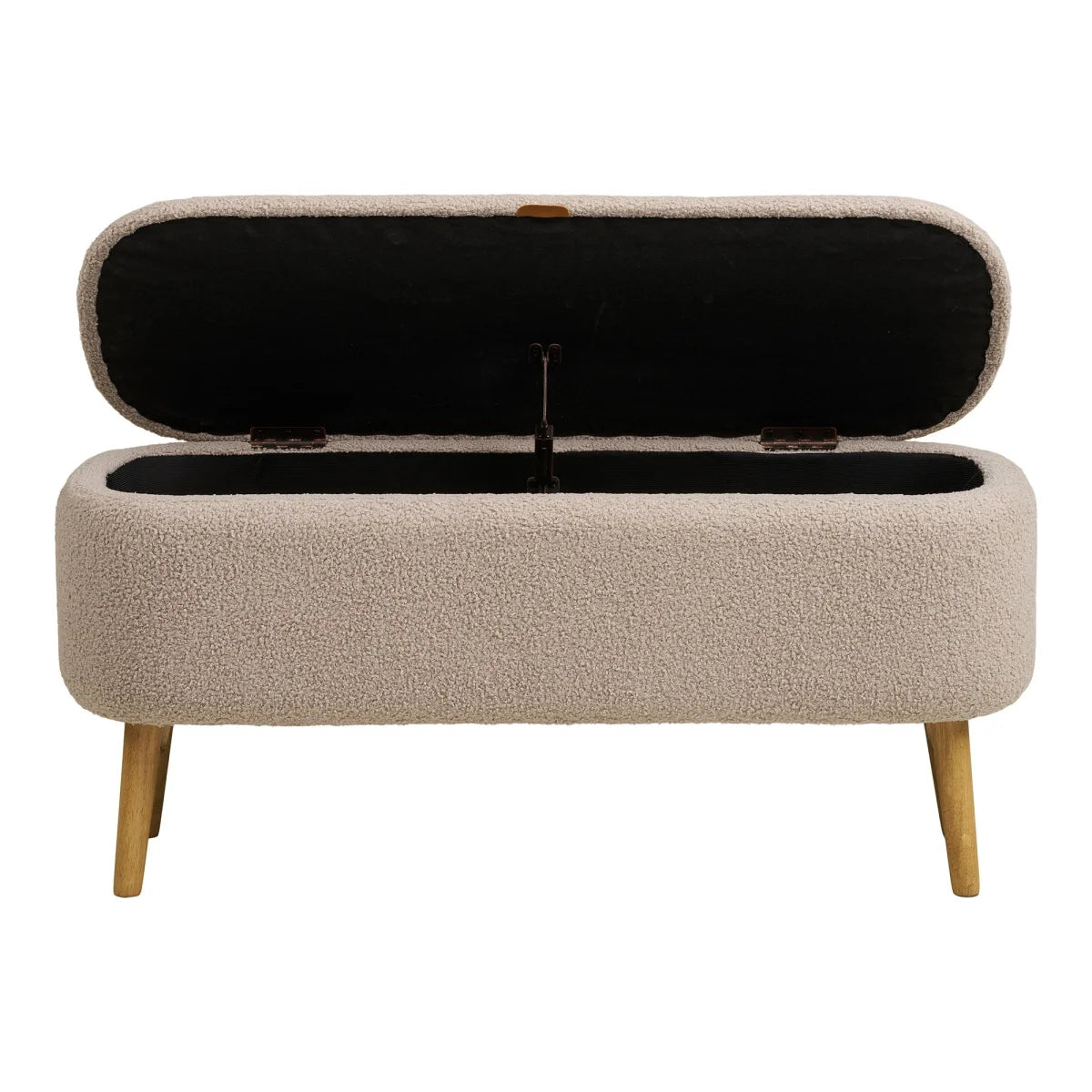 Banquette de rangement en bouclé beige avec pieds en bois clair et coffre ouvert