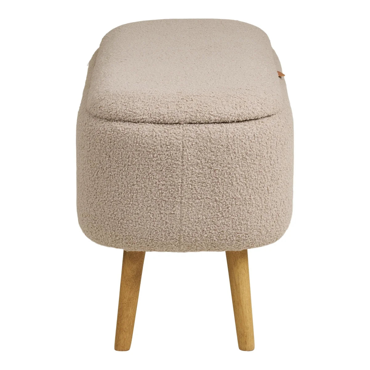 Ottoman de rangement en bouclé beige avec pieds en bois clair, dimensions 95x37 cm