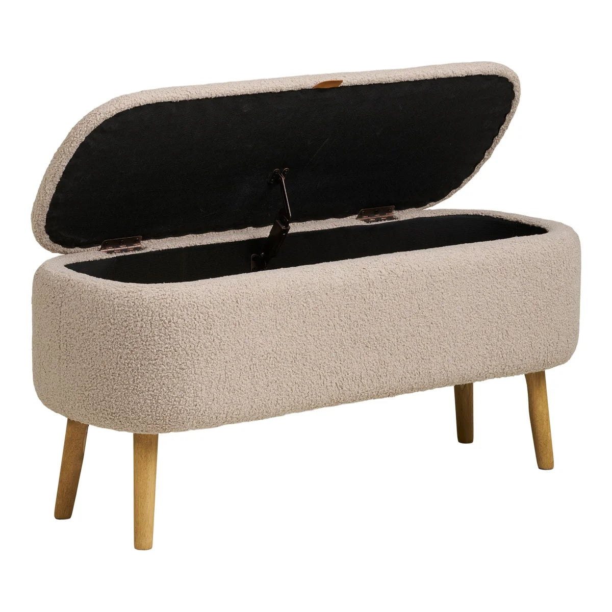 Banquette de rangement en bouclé beige avec pieds en bois clair et couvercle ouvert