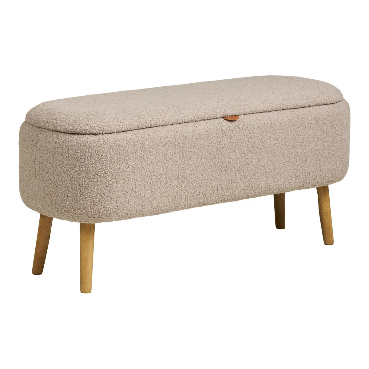 Banquette de rangement en bouclé beige avec pieds en bois clair, dimensions 95x37 cm
