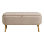 Banc de rangement beige bouclé, pieds bois clair, forme capsule 95x37 cm