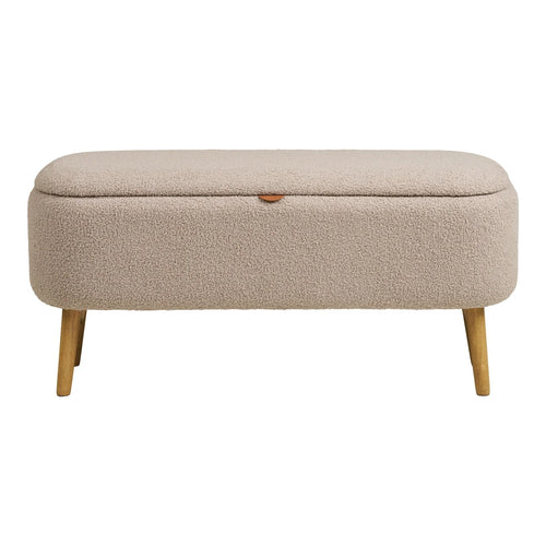 Banc de rangement beige bouclé, pieds bois clair, forme capsule 95x37 cm