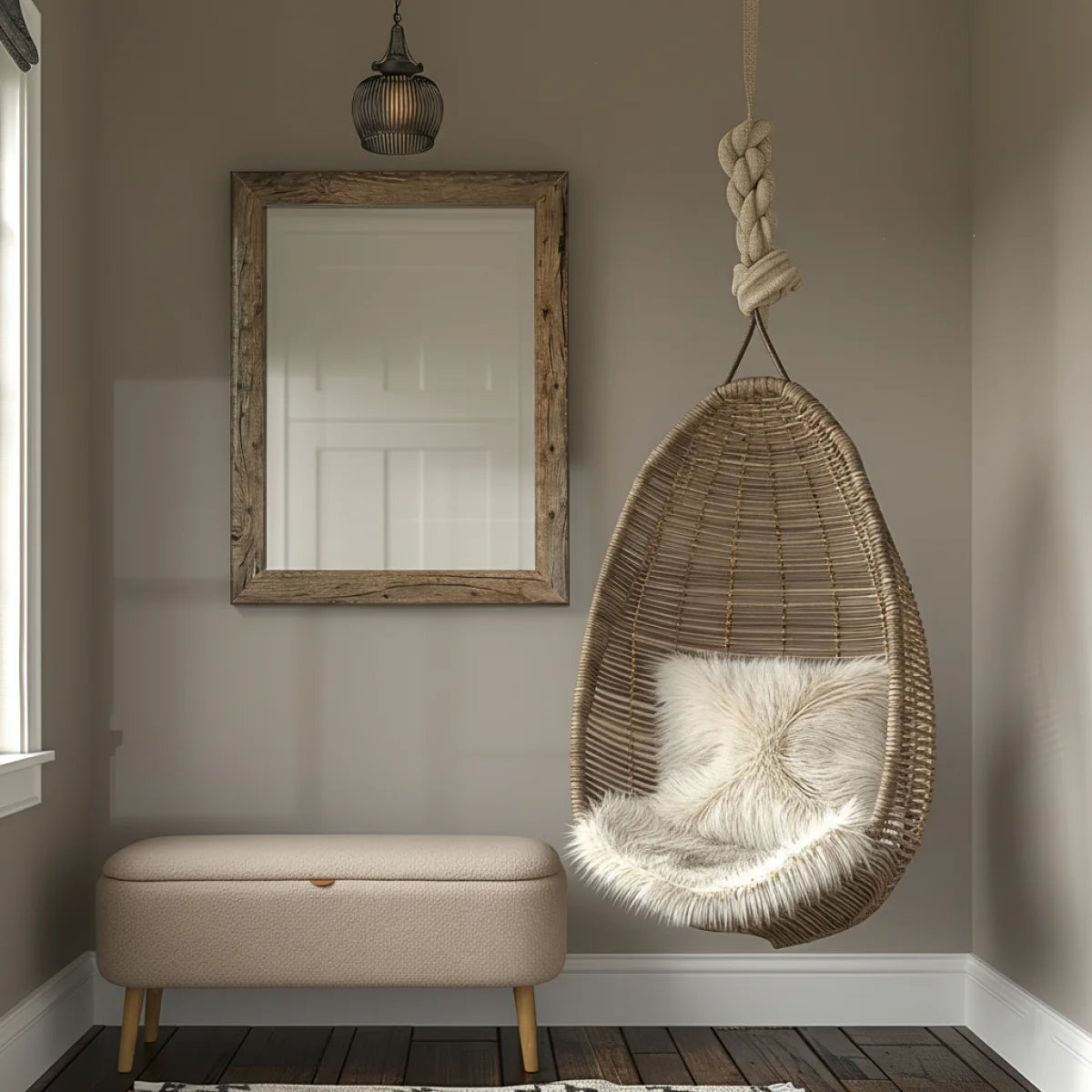 Fauteuil suspendu en osier avec coussin en fausse fourrure blanche pour Banc avec rangement bouclé beige