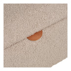 Banc bouclé beige avec rangement, pieds bois clair, forme capsule 95x37 cm