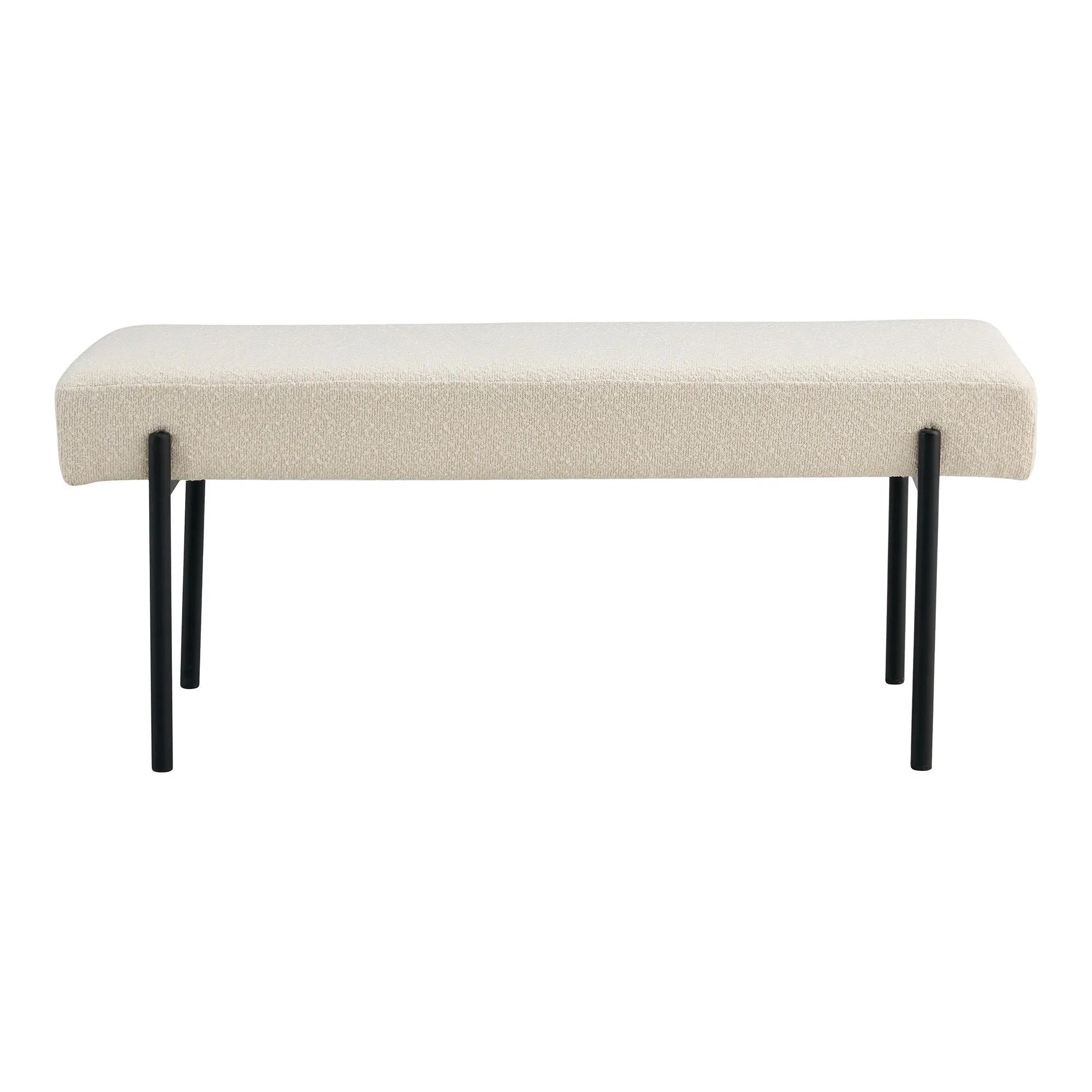 Banc rectangulaire en tissu bouclé beige pieds métal noir – 100x36 cm