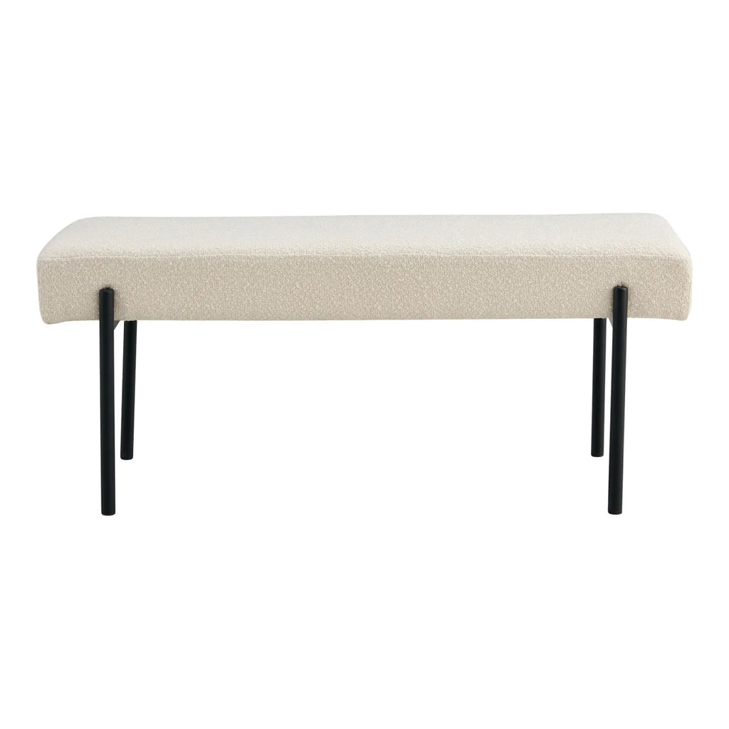 Banquette rectangulaire en tissu bouclé beige avec pieds en métal noir 100x36 cm