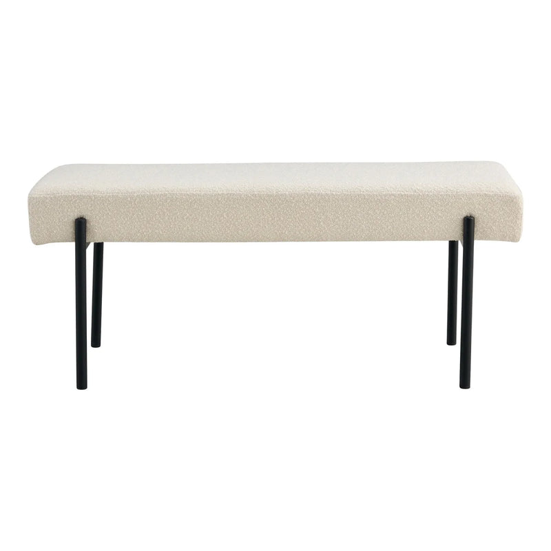 Banc rectangulaire en tissu bouclé beige pieds métal noir – 100x36 cm