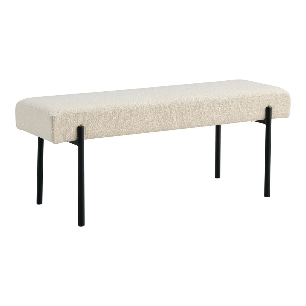 Banquette rectangulaire beige en tissu bouclé avec pieds en métal noir 100x36 cm