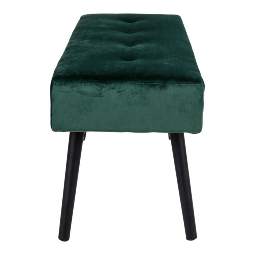 Banc rectangulaire en velours vert foncé avec pieds noirs, 100x35 cm