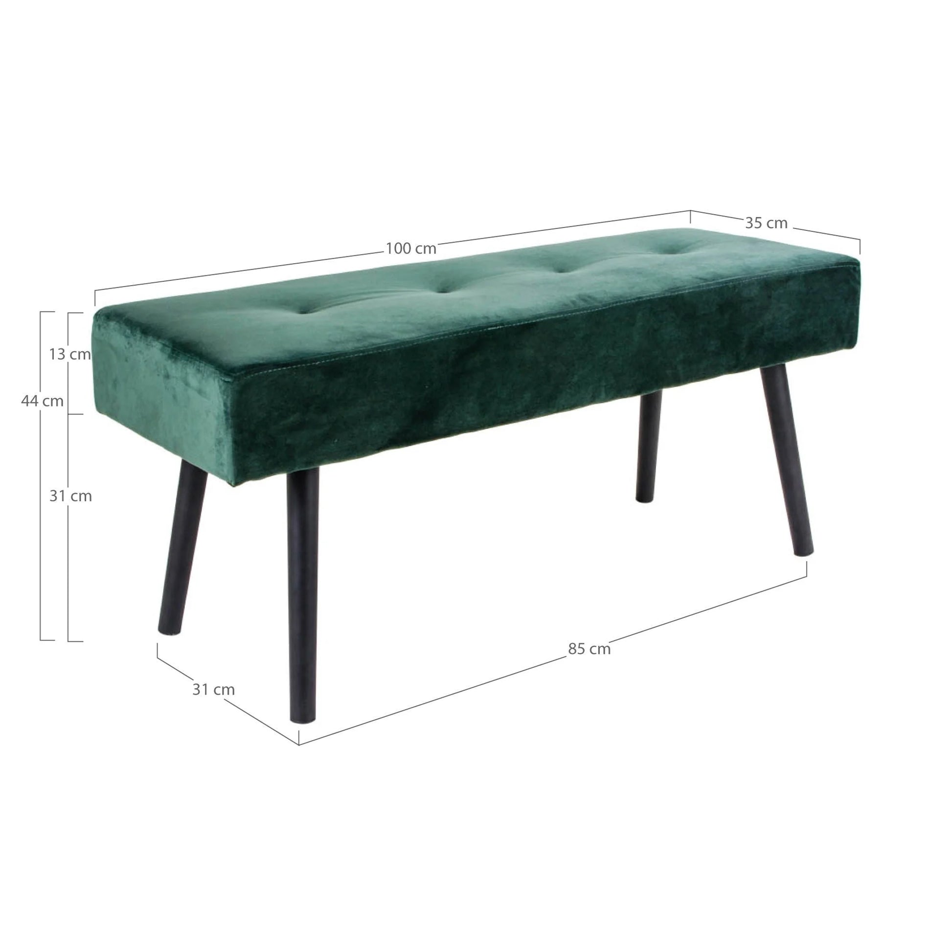 Banquette rectangulaire en velours vert foncé avec pieds noirs, 100x35 cm