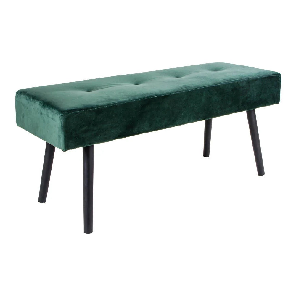 Banc rectangulaire en velours vert foncé avec pieds noirs, 100x35 cm