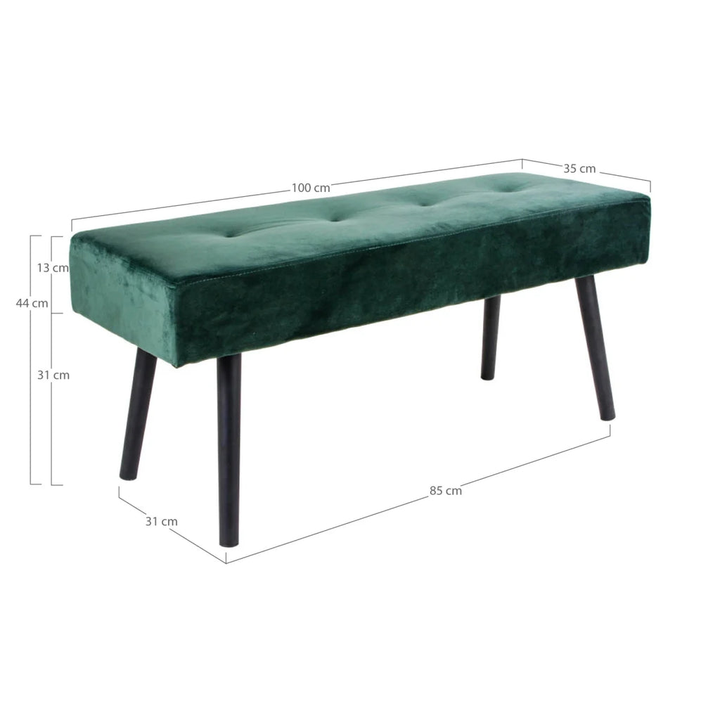 Banc rectangulaire en velours vert émeraude capitonné, pieds noirs fuselés, 100x35 cm