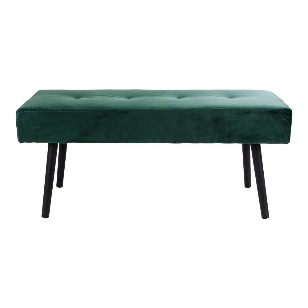 Banquette rectangulaire en velours vert foncé avec pieds noirs, 100x35 cm
