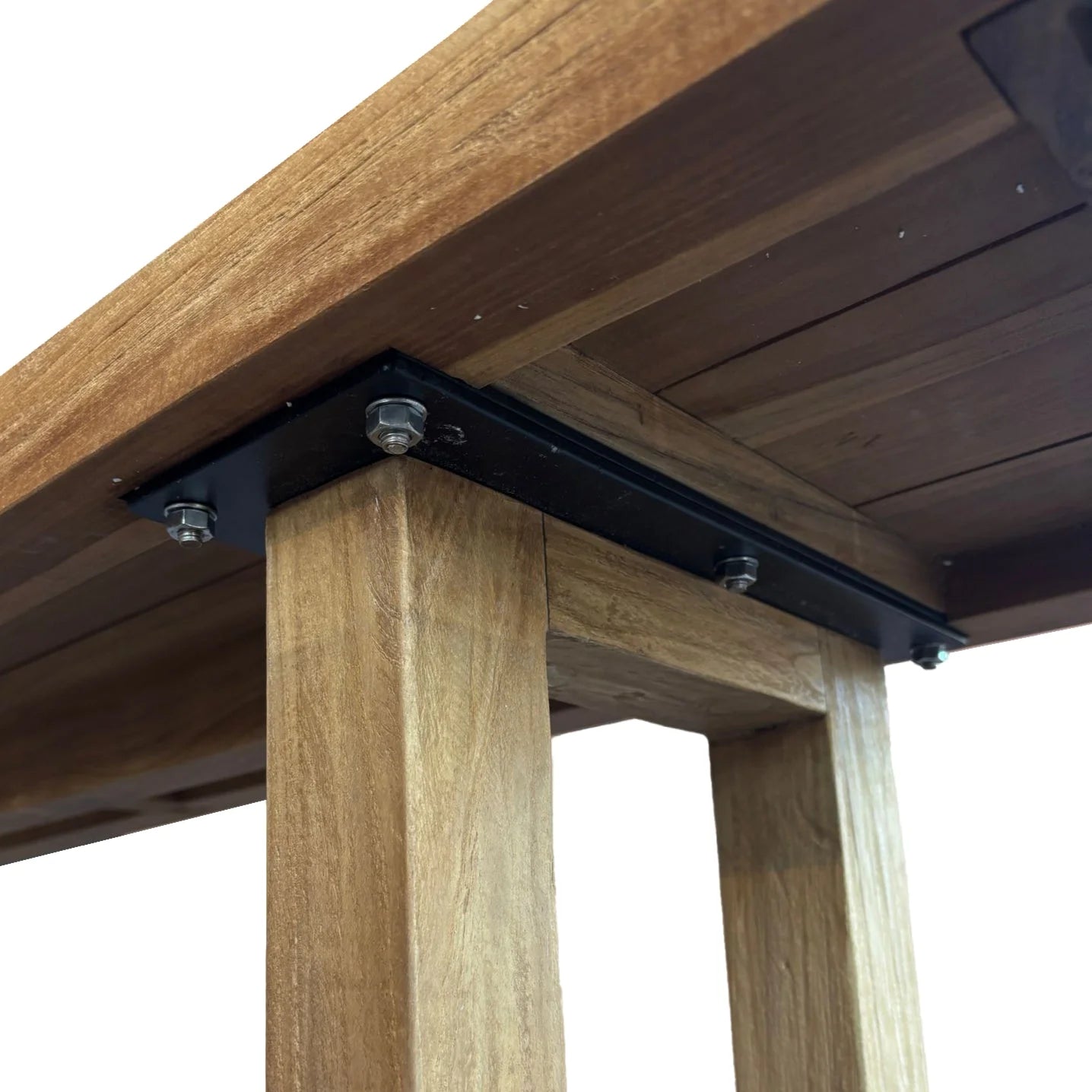Table en teck recyclé avec pieds ajourés en métal noir, dimensions 280x110 cm