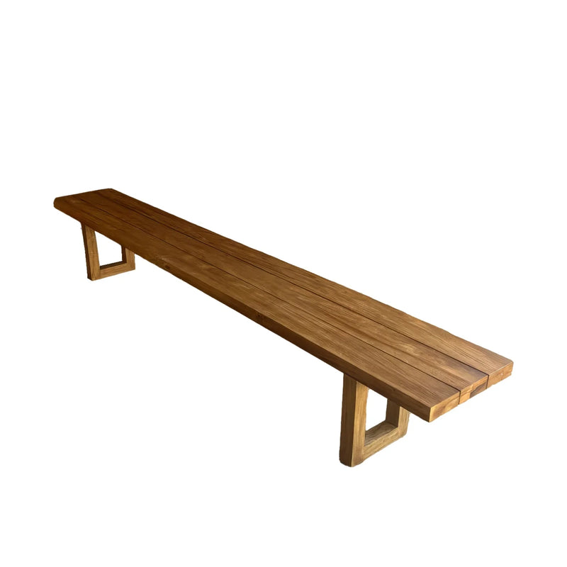 Banc en teck recyclé finition naturelle pieds ajourés – 280x110 cm