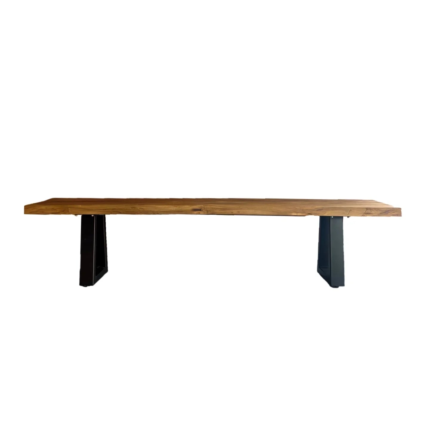 Banquette en teck recyclé avec pieds en métal noir, style live edge, 220x100 cm