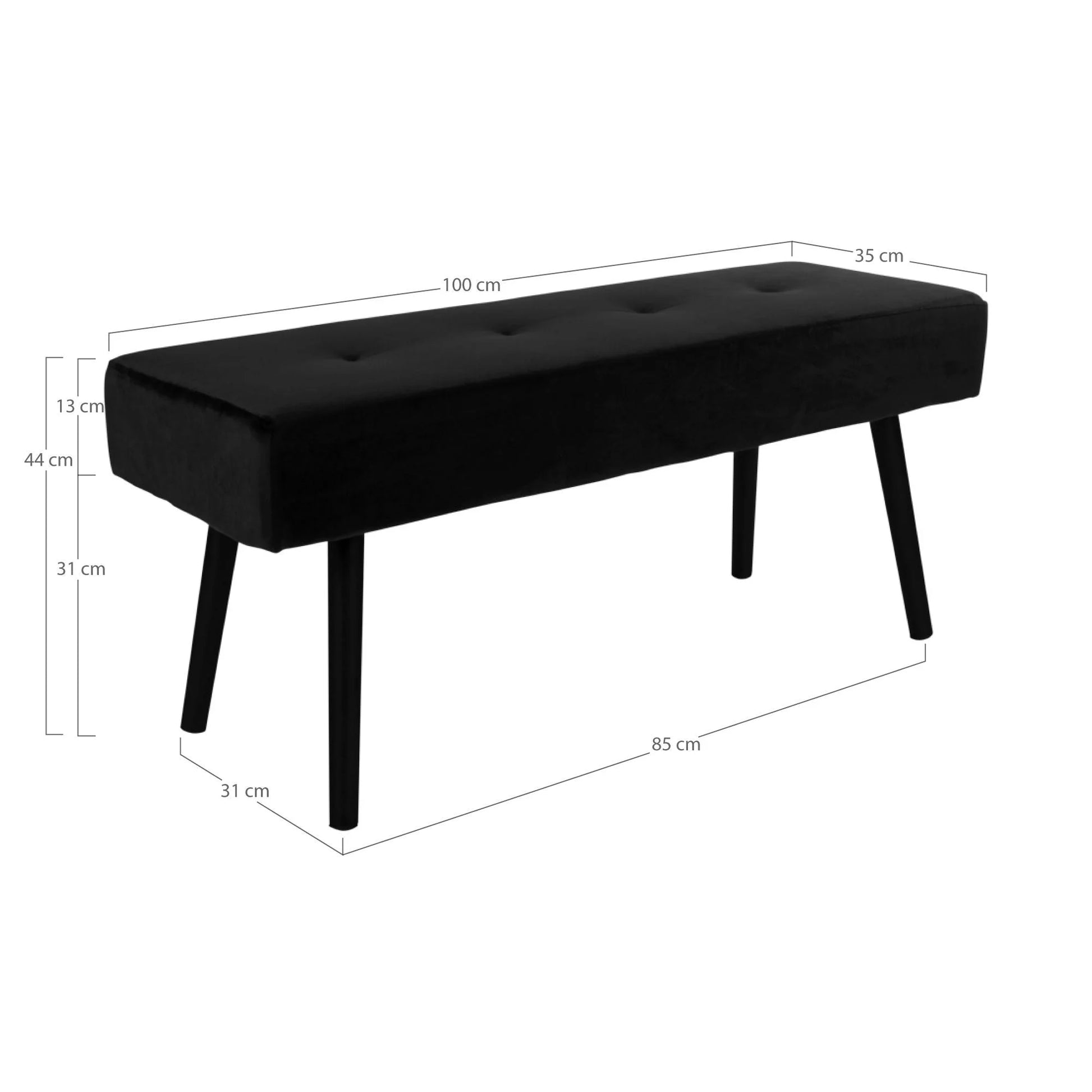 Banquette en velours noir avec pieds métalliques inclinés et assise à boutons