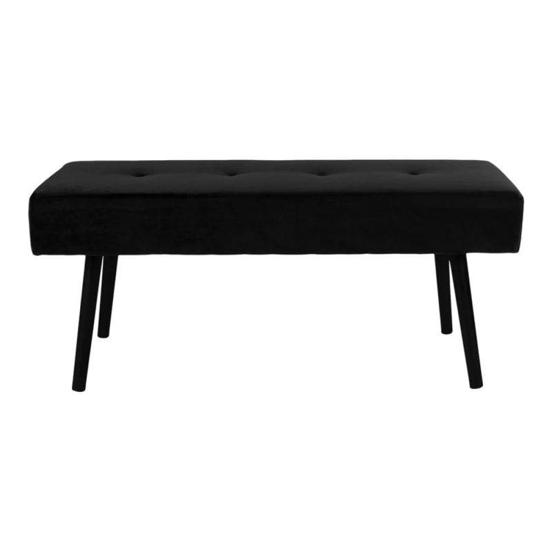 Banc en velours noir avec pieds métalliques inclinés et assise à boutons – 100x35 cm