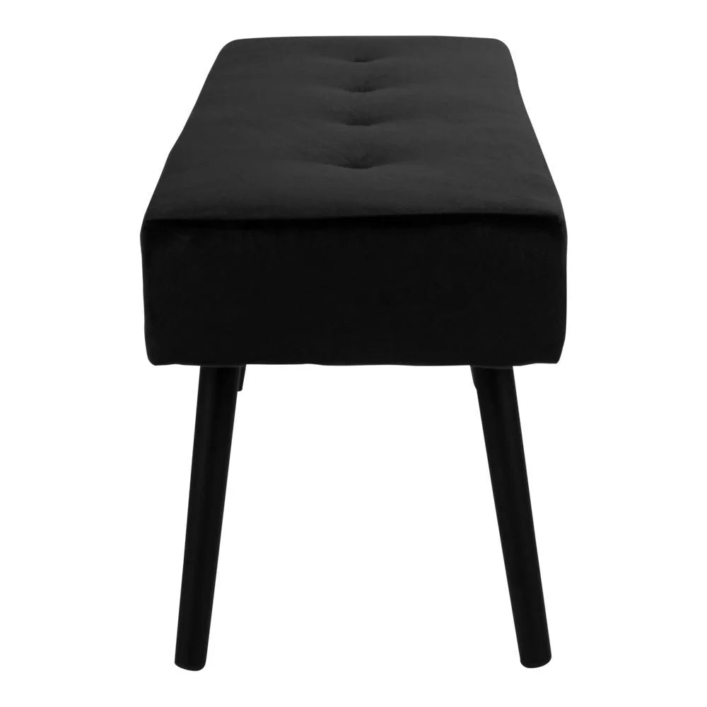 Banc en velours noir avec pieds métalliques inclinés et bouton tufting 100x35 cm