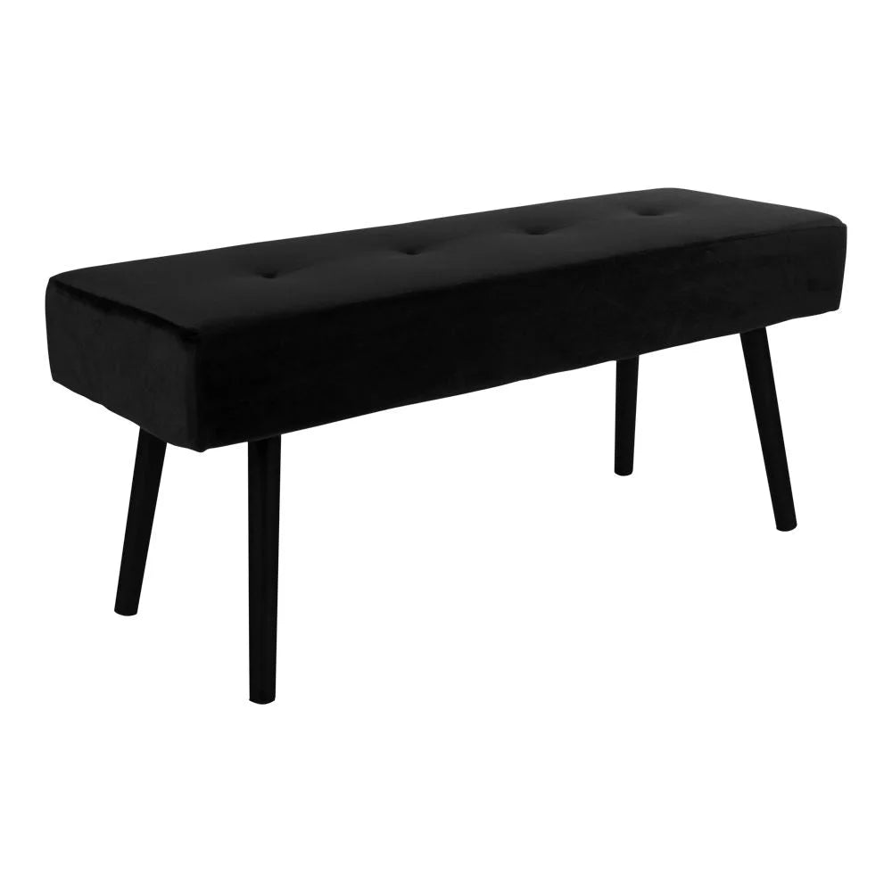 Banquette en velours noir avec pieds métalliques inclinés et assise à boutons