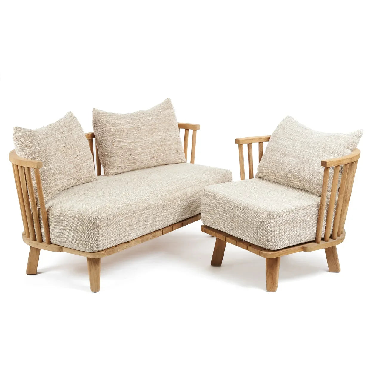 Canapé et fauteuil en bois recyclé avec cadre en teck naturel et tissu beige