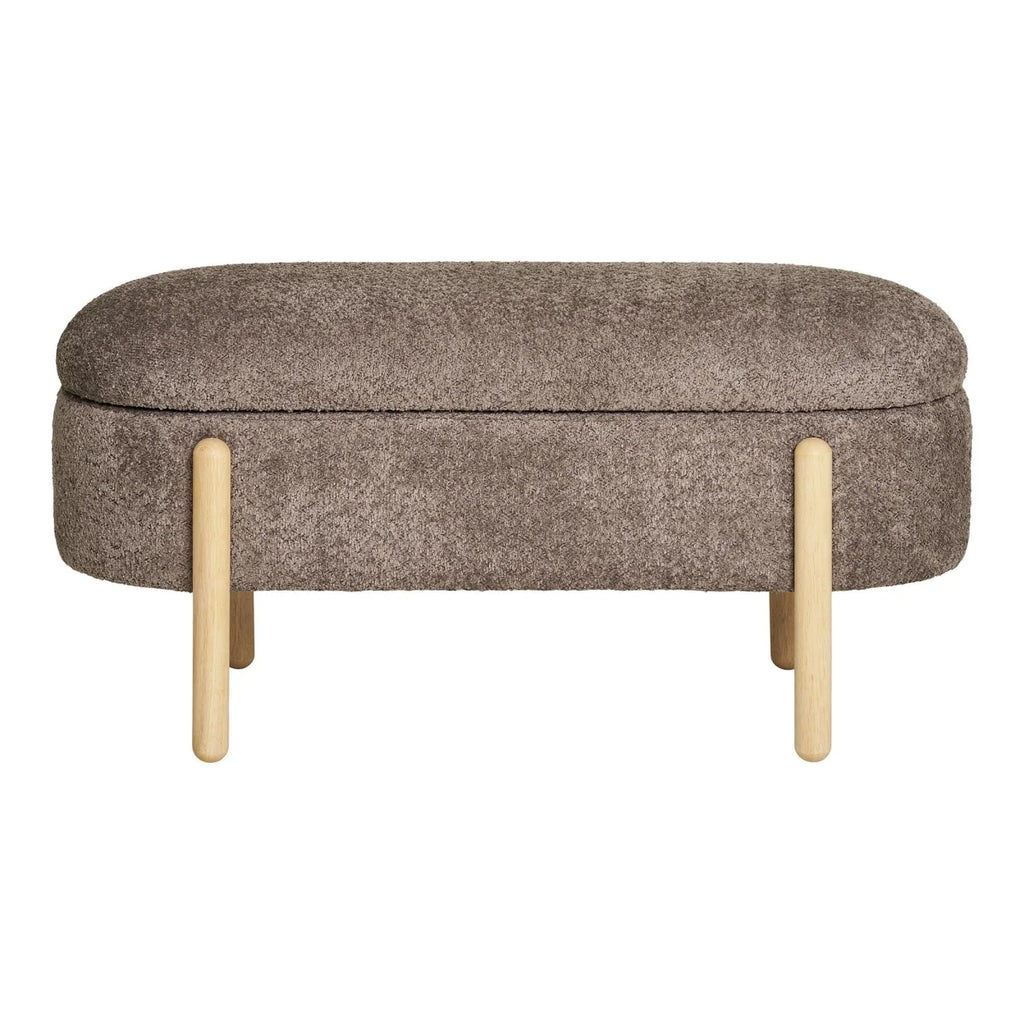 Banc de rangement ovale en bouclé taupe avec pieds bois clair 98x41 cm