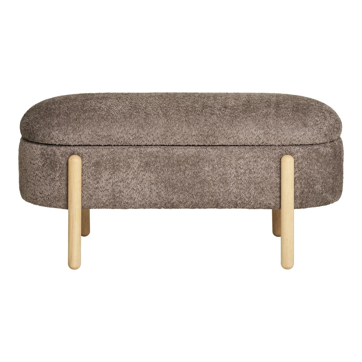 Banc de rangement ovale en bouclé taupe avec pieds bois clair 98x41 cm