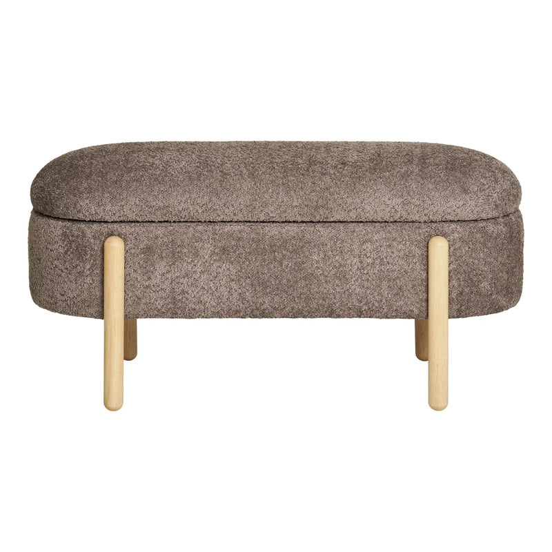 Banquette ovale en bouclé taupe pieds bois clair – 98x41 cm
