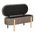 Banc de rangement ovale en bouclé taupe, pieds bois clair 98x41 cm