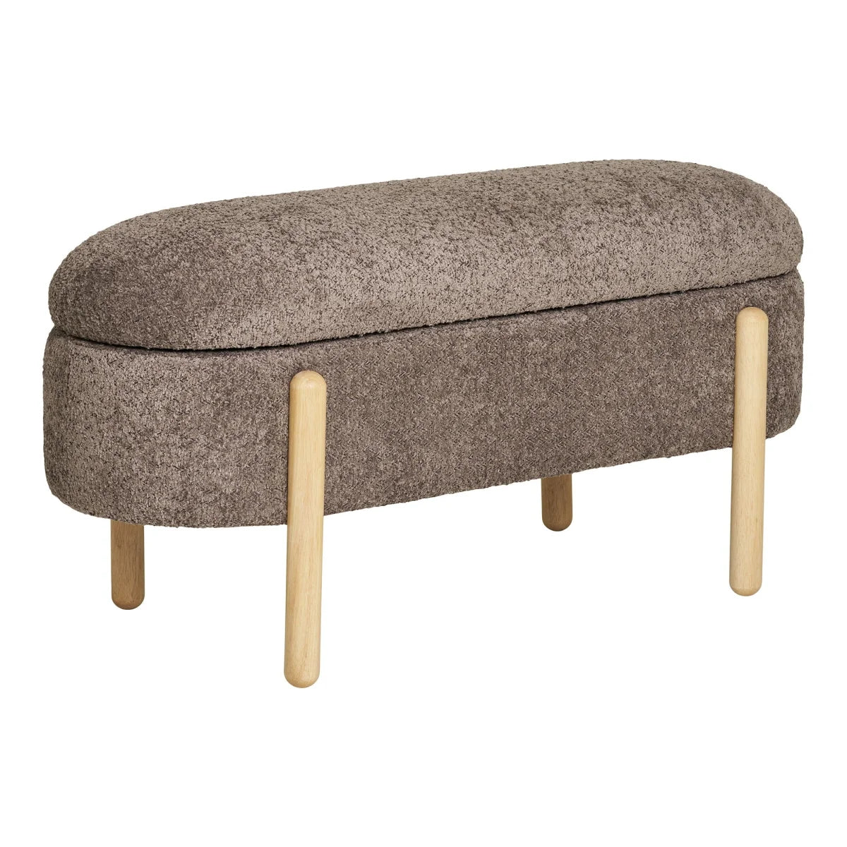 Ottoman de rangement beige en bouclé taupe avec pieds en bois clair 98x41 cm