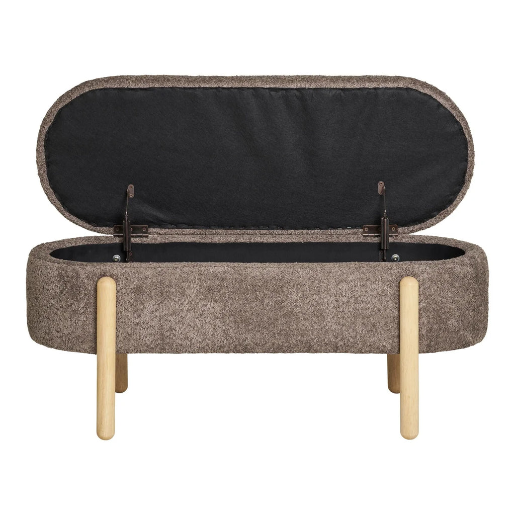 Ottoman de rangement en laine taupe avec pieds en bois clair et intérieur noir