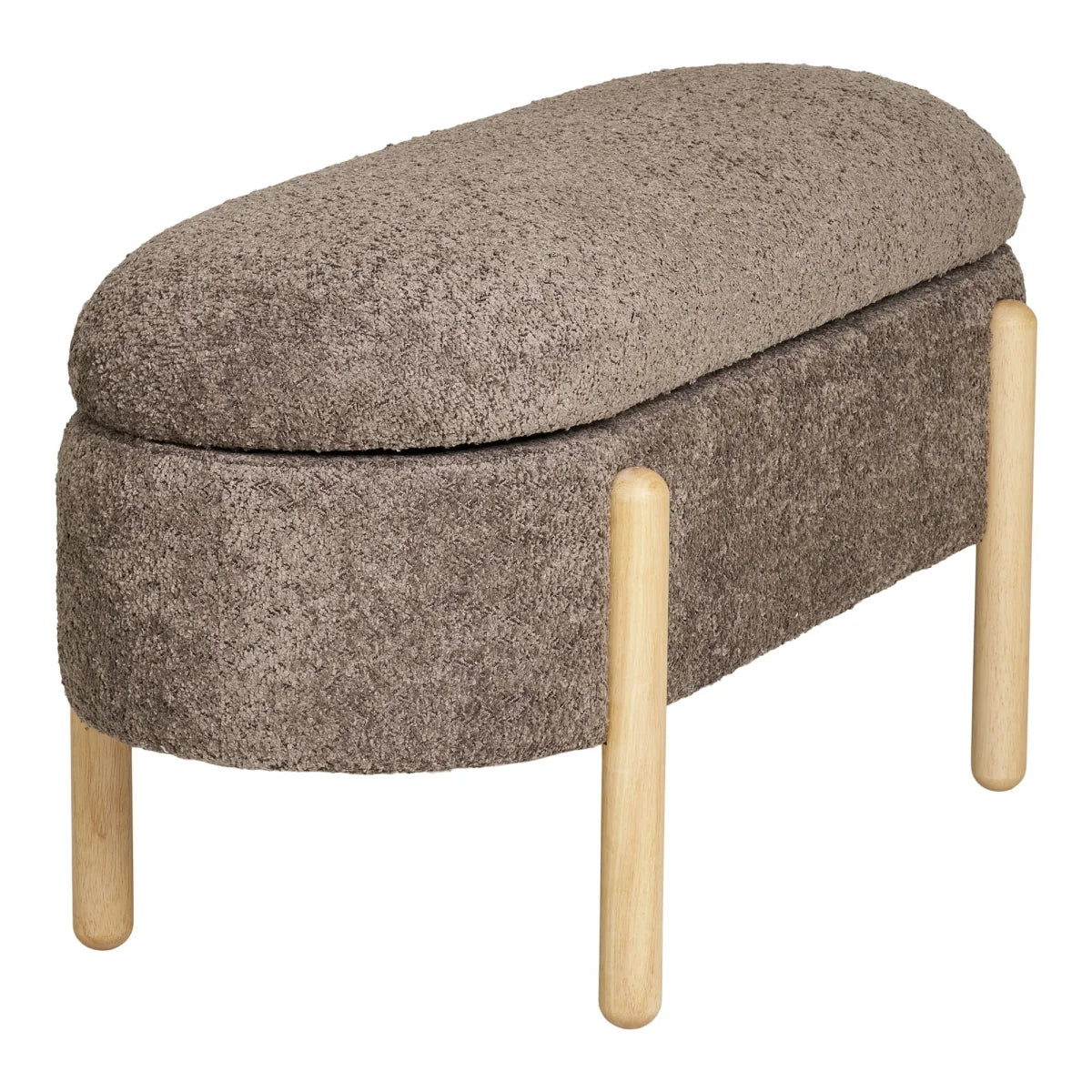 Banquette ovale en bouclé taupe avec pieds en bois clair, stockage pratique et élégant