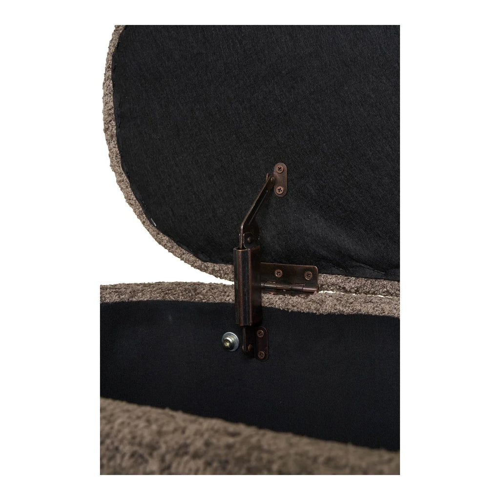 Sangle de guitare en cuir noir avec ferrures métalliques et rivets pour Banquette ovale en bouclé taupe pieds bois clair
