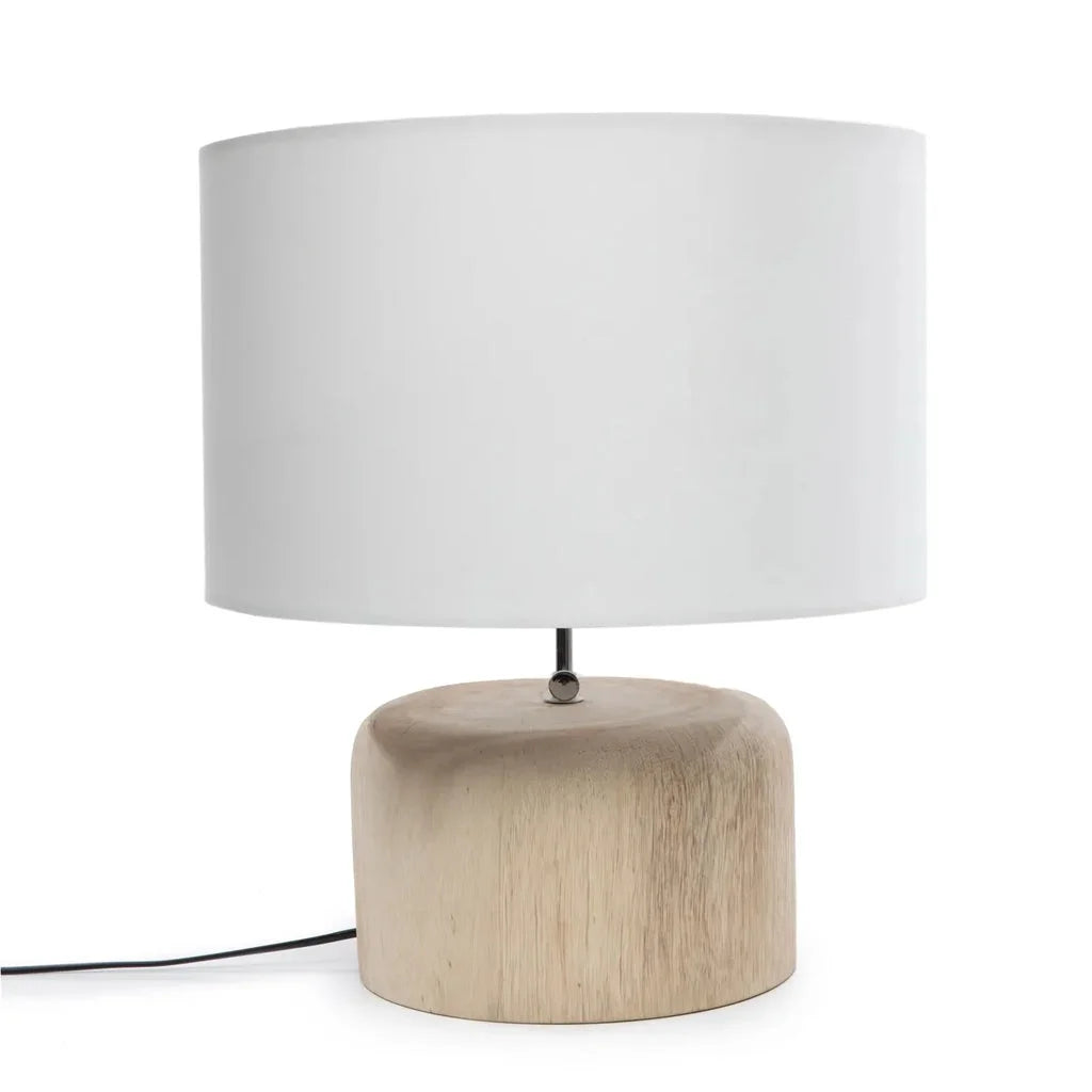 Abat-jour blanc sur une base cylindrique en bois de teck naturel pour lampe de table