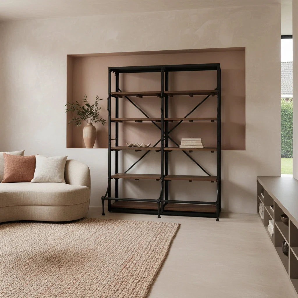 Bibliothèque double en métal noir et bois naturel avec entretoises croisées diagonales, 152x62 cm