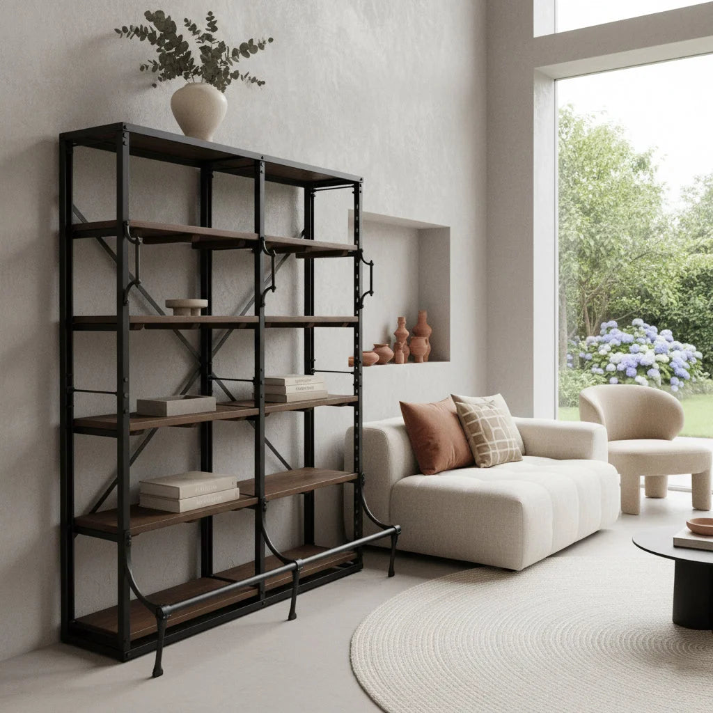 Bibliothèque double en métal noir et bois naturel 152x62 cm