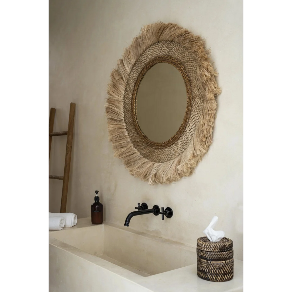 Miroir ovale avec cadre en fibre naturelle à franges pour la Boîte à mouchoirs en rotin marron
