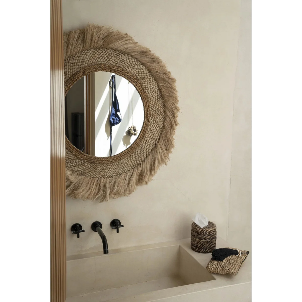 Miroir rond avec cadre en frange de raffia tressé pour Boîte à mouchoirs en rotin marron