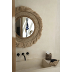 Miroir rond avec cadre en frange de raffia tressé pour Boîte à mouchoirs en rotin marron