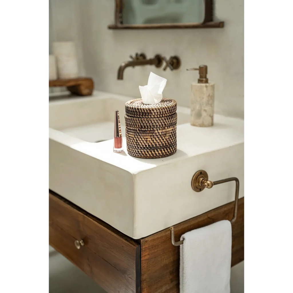 Boîte à mouchoirs en rotin marron cylindrique, design rond et tissé naturel