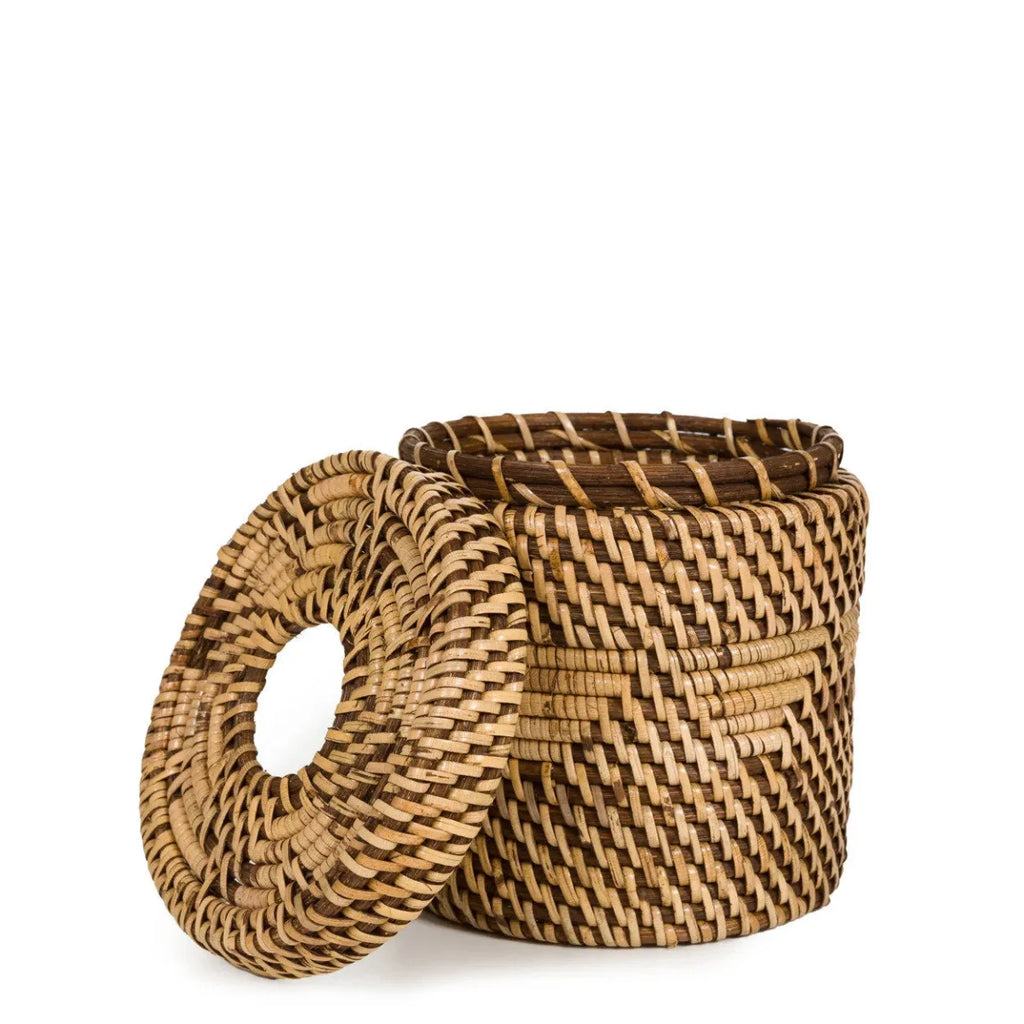 Panier rond en rotin marron avec couvercle et motif zigzag bicolore pour boîte à mouchoirs