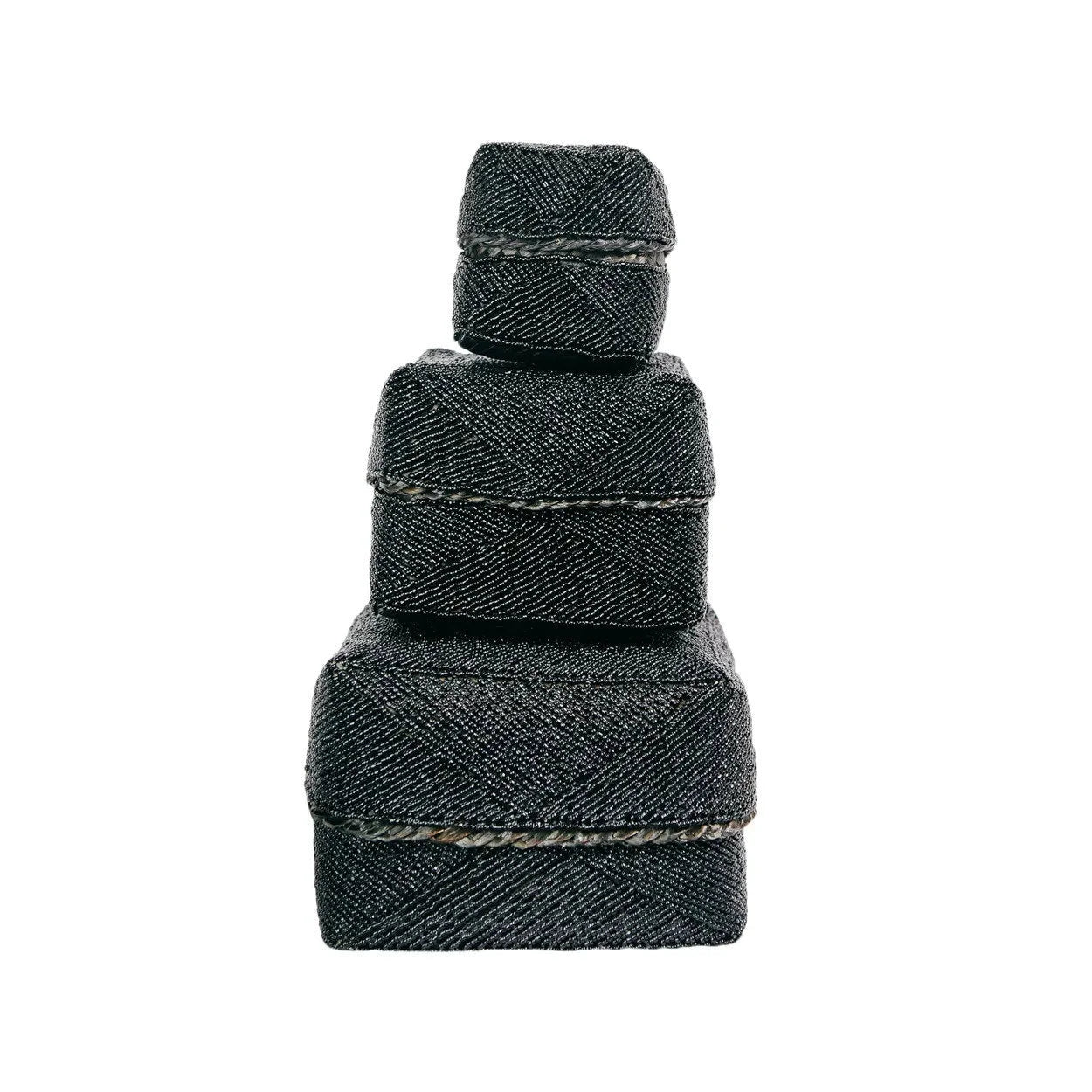 Boîte décorative perlée en bambou noir motif chevrons avec couvercle