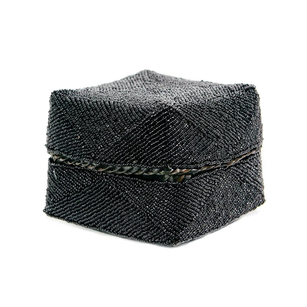 Boîte décorative perlée en bambou noir motif chevrons avec couvercle