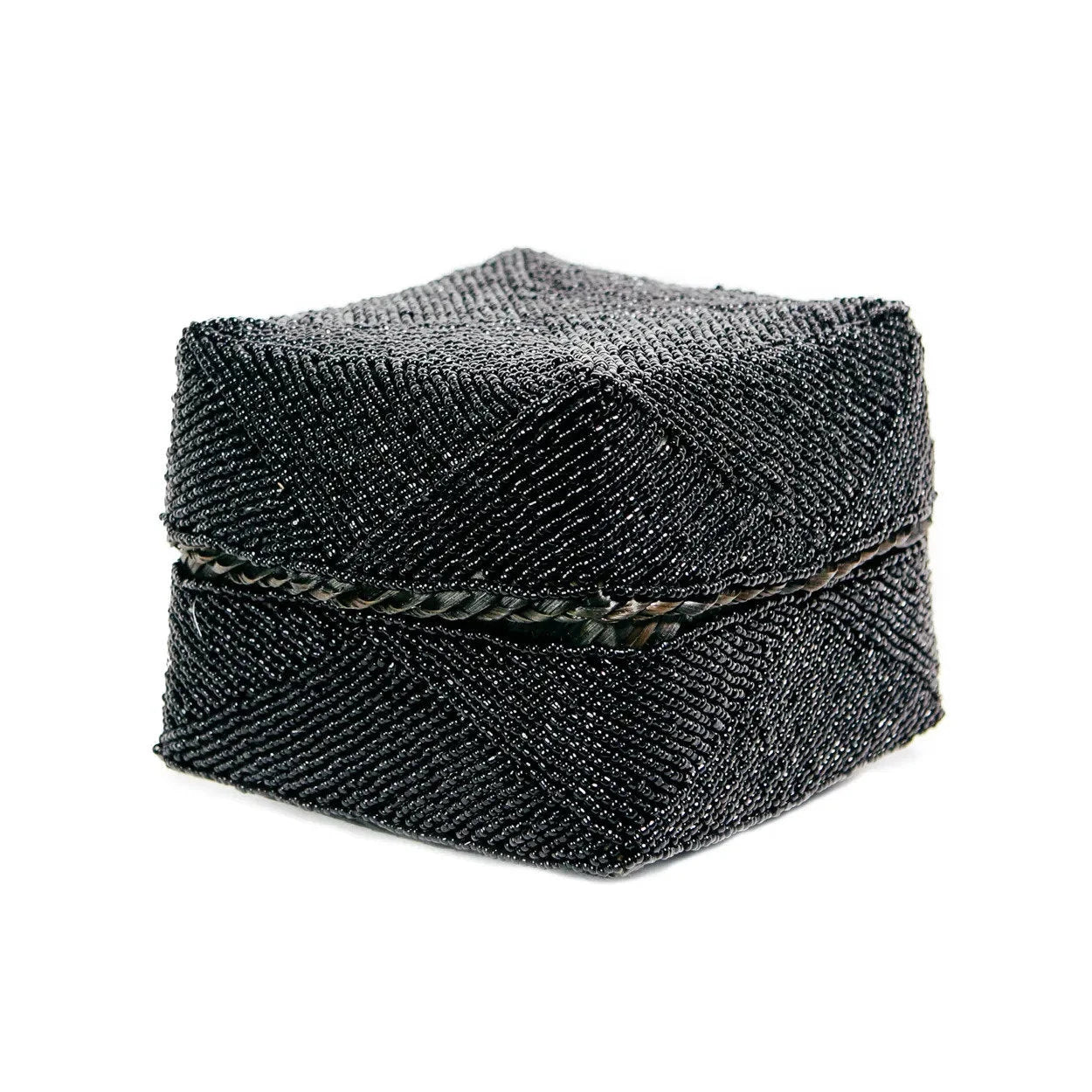 Boîte décorative perlée en bambou noir motif chevrons avec couvercle