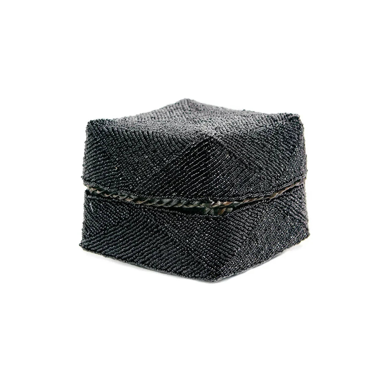 Boîte décorative perlée noire en bambou motifs chevrons avec couvercle